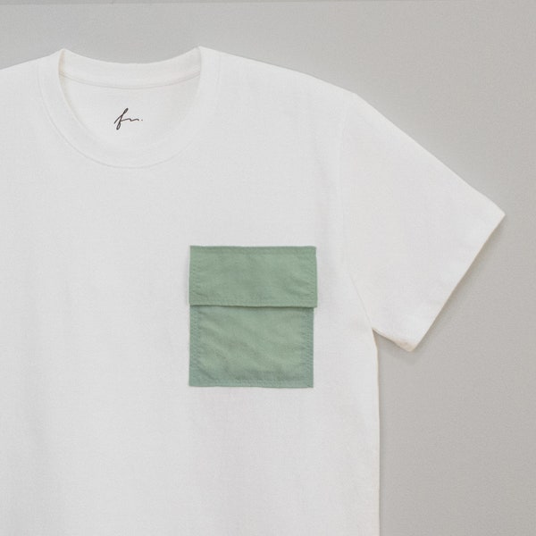 White Utility Cargo T-Shirt With Light Green Flap Pocket. Unisex Versatile Shirt. Premium Cotton Straight Fit.
