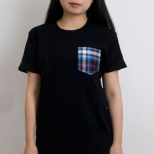 Blue Plaid Pocket T-Shirt.  Black Tee with Checker Pocket. Unisex Retro TShirt. Mix Media Short Sleeve. Crew Neck Cotton Top. Plaid Lover