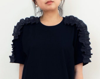 Black Ruffle Sleeves Top. Feminine Blouse. Premium Cotton T-Shirt. Straight Fit.
