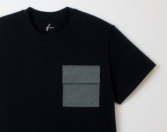 Utility T-Shirt with Steel Blue Chest Pocket. Mixed Media Cargo TShirt. Layering Shirt for Men. Straight Fit.