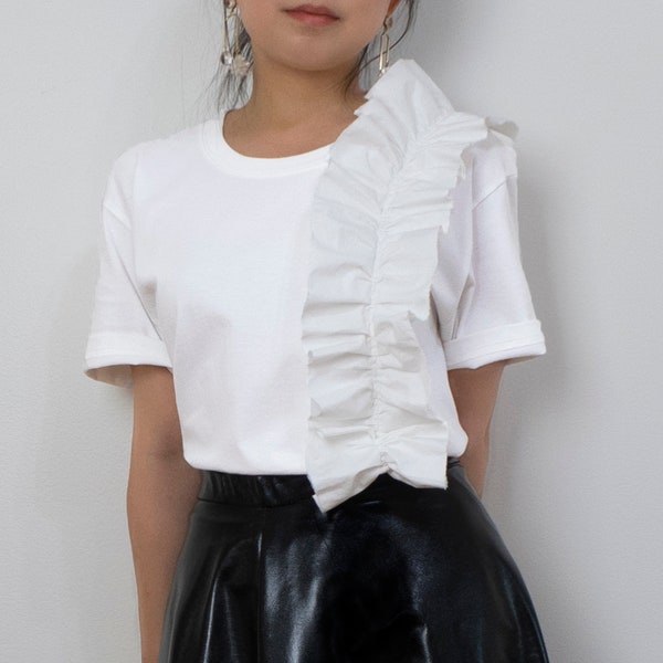 Asymmetric Ruffle Top in White. Cotton Poplin Frill on Classic T-Shirt. Elegant Statement Blouse for Women