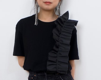 Asymmetric Ruffle T-Shirt in Solid Black. Cotton Poplin Ruffle on Premium Cotton Tshirt. Elegant Shirred Blouse. Evening Womenswear.