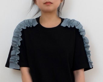 Ruffled Sleeves T-Shirt. Blue Ruffles in Cotton Voile. Black Cotton Tee. Straight Fit. XS, S, M, L, XL.