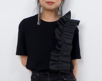 Women Mix Media Ruffle Top. Shirred Cotton Poplin on Premium Cotton Tee. Chic Feminine Shirt. Elegant Tonal Black Blouse. Short Sleeves.