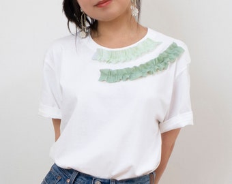 Women Ruffle Neck T-Shirt. Green Ruffles on White Cotton Tee Shirt. XS, S, M, X, XL.