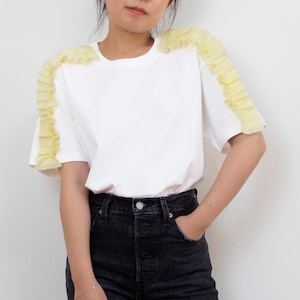 Yellow Ruffled Sleeve T-Shirt. Cotton Voile Ruffle on White Cotton Tee. Playful Frilly Blouse for Women. Casual Pop Color Ruffle Top.