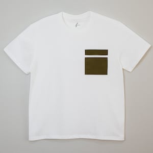 Relaxed White Tee with Army Green Pocket. 100% Cotton. Men&#39;s Sizing. S, M, L, XL, XXL.
