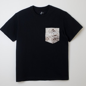 May include: A black t-shirt with a large, silver, patterned pocket on the front.