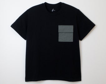 Classic Black T-Shirt with Flap Pocket. Straight Fit Premium Cotton TShirt with Contrast Color Patch Made in Techno Nylon.