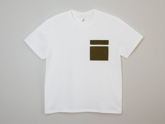 White Cotton T-shirt With Army Green Pocket. 2-piece Poplin Pocket 