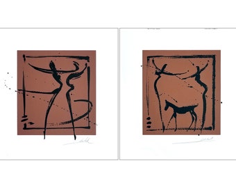 Set of 2 Alfred Gockel Signed Serigraph Figurative Dance Art Prints Brown 2003 | Contemporary Art | Out of Print | Silkscreen | Unframed Art