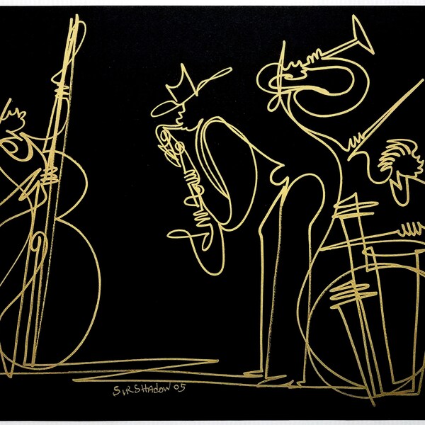 Sir Shadow Original One-Line Drawing Gold Marker Jazz Quartet III, African American Art | Black Art | Music Art | NYC Art | Unframed Art
