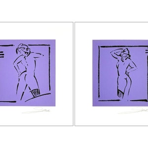 Set of 2 Alfred Gockel Signed Serigraph Figurative Woman Posing Art Prints 2003 Purple | Contemporary Art | Out of Print | Unframed Art