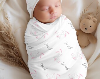 Personalized Baby Swaddle Blanket: Rabbit Design, Newborn Hospital Outfit