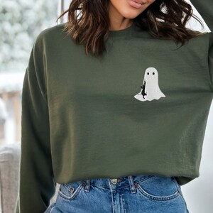 Embroidered Halloween Ghost & Cat, Halloween Shirt, Cute Ghost Sweatshirt, Ghost Pocket Tee, Spooky Season, cat lover gift, black cat shirt