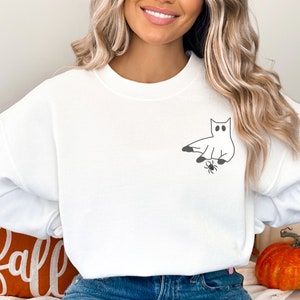 Cute Halloween Cat Ghost, Halloween Shirt, Funny Ghost Sweatshirt, Pocket Tee, Spooky Season, ghost pocket shirt, cat lover gift, fall shirt