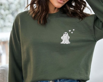 Embroidered Cute Halloween Ghost, Halloween Sweatshirt, Cute Ghost t-shirt, Pocket Tee, Spooky Season, pocket shirt, funny ghost shirt, gift