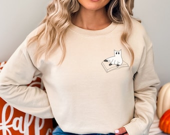 Cat Ghost Halloween Sweatshirt: Book Lover Spooky Season