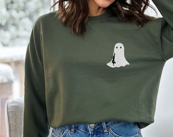 Besticktes Halloween Sweatshirt: Geist & schwarze Katze Pocket Tee