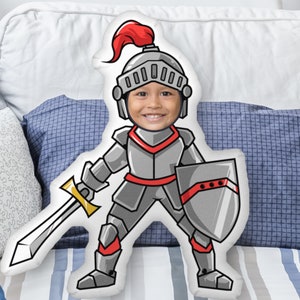 Knight Custom Photo Pillow, Personalized Knight with photo face, Unique Gift for him, Funny Medieval Cartoon  Knight Pillow for boys room