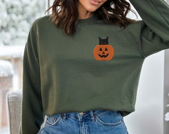Sudadera bordada de Halloween: Gato negro con calabaza, cuello redondo otoñal