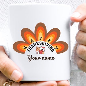 Custom Happy Thanksgiving Gift Mug, Personalized Name Thanksgiving gift, Seasonal Fall Vibes Mug, Friendsgiving Mug, Cat lover seasonal gift