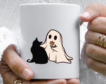 Cute Halloween Ghost & Cat, Halloween Mug Friend, Cute Ghost coffee mug, Ghost Mug, Spooky Season, black cat coffee mug, cat lover gift mug