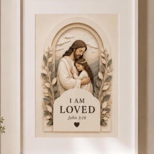 Christelijke muurdecoratie voor de babykamer van een meisje: print met Jezus, digitale download, geloofsillustratie, gezegend kind, affirmatie, Bijbeltekst, slaapkamer