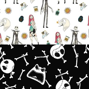 May include: A black and white seamless pattern featuring Jack Skellington and Sally from the Nightmare Before Christmas. The pattern also includes bones, a ghost, and other Halloween-themed elements.