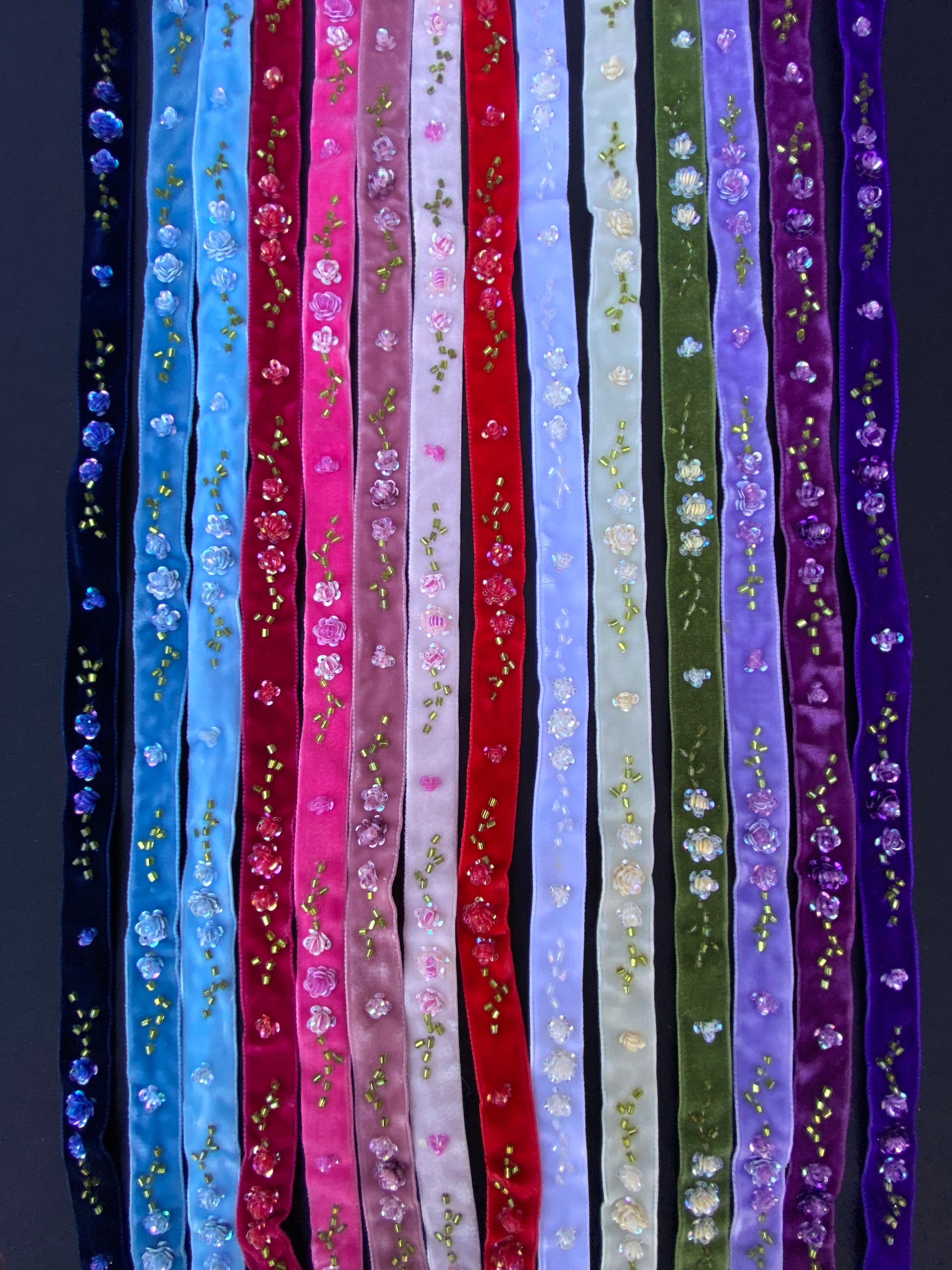 3 Yards 5/8" Vintage Hand Beaded Velvet Ribbon Trim, Embellished with Beads and Sequins, Many Colors Available