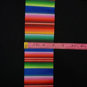May include: A colorful striped ribbon with red, orange, yellow, green, blue, and pink stripes. The ribbon is measured with a ruler, showing it is 6 inches long.