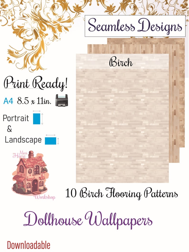10 Printable Dollhouse Floor Patterns Digital Download 1 12 Scale Birch ...