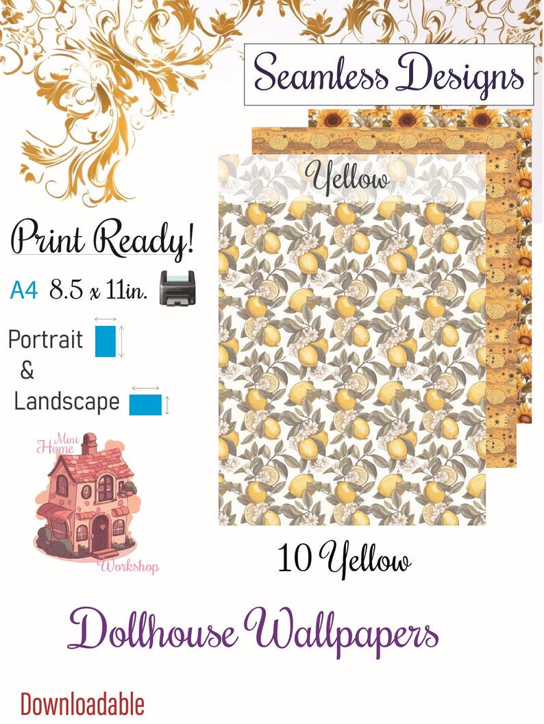 10 Printable Dollhouse Wallpapers Digital Download 1 12 Scale Yellow