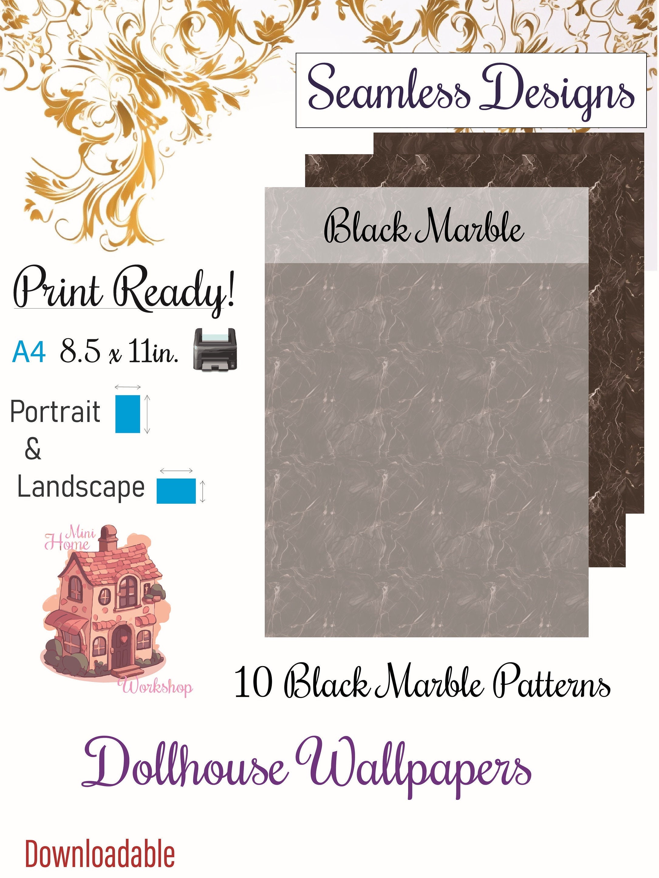 10 Printable Dollhouse Floor Patterns Digital Download 1 12 Scale Black ...