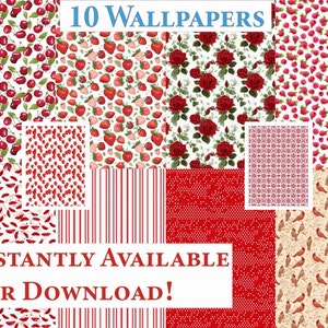 10 Printable Dollhouse Wallpapers Digital Download 1 12 Scale Red Miniature Dollhouse Wallpaper Seamless Patterns Cute Red Roses Fruit
