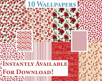 10 Printable Dollhouse Wallpapers Digital Download 1 12 Scale Red Miniature Dollhouse Wallpaper Seamless Patterns Cute Red Roses Fruit