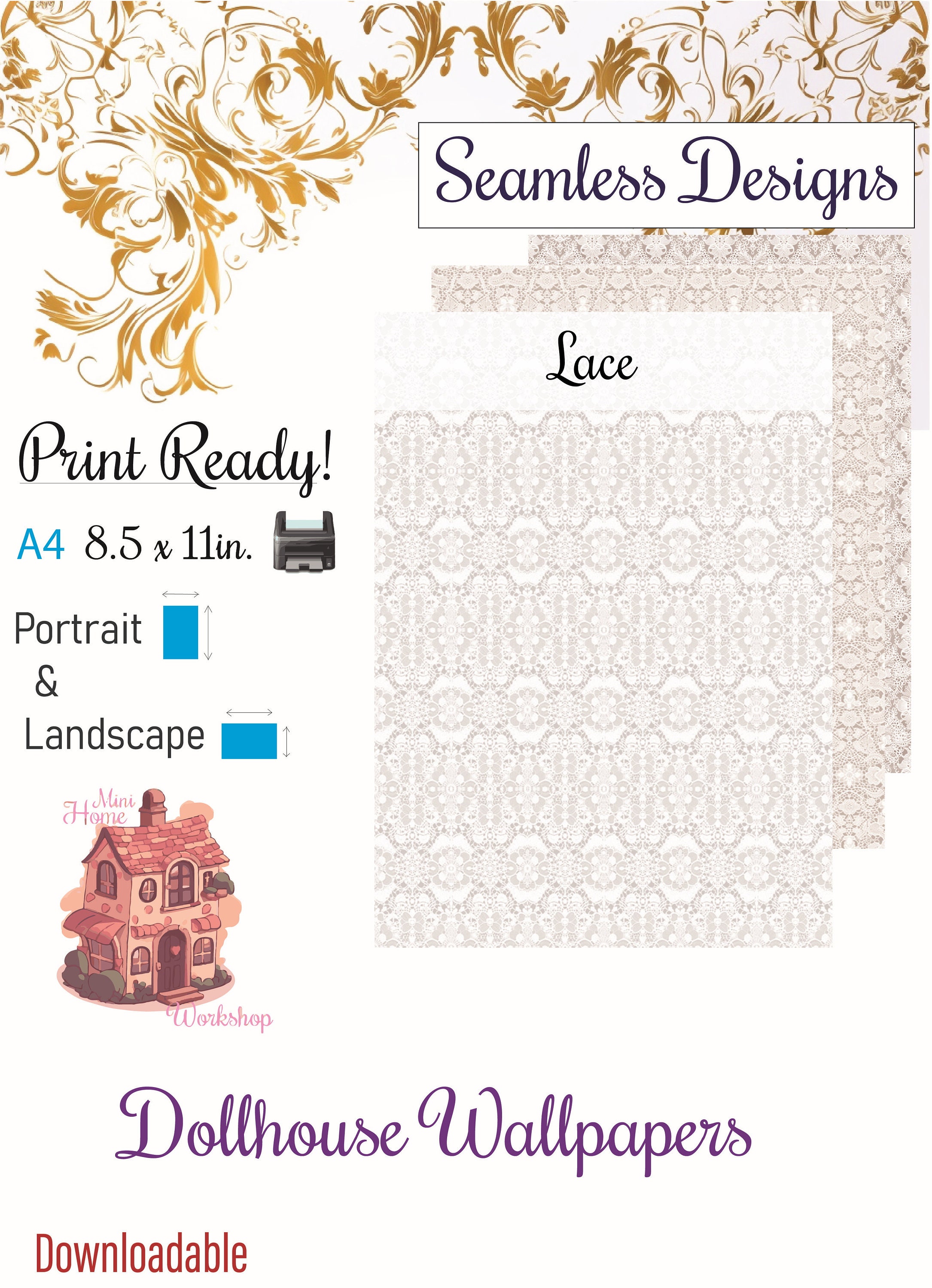 10 Printable Dollhouse Wallpaper Digital Download 1 12 Scale Lace ...