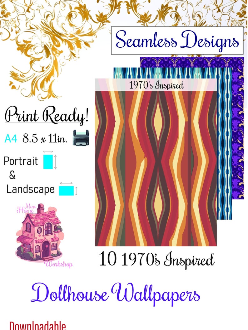 10 Printable Dollhouse Wallpaper Digital Download 1 12 Scale 70s
