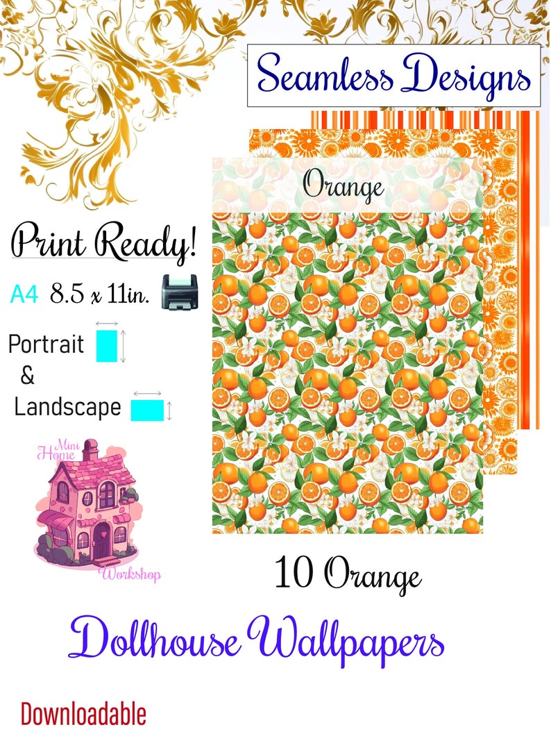 10 Printable Dollhouse Wallpapers Digital Download 1 12 Scale Orange