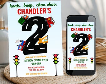 Transportation Second Birthday Invitation Template, Digital Invite Vehicles Second Birthday, Honk Beep Choo Choo I'm Two Birthday Invite