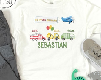 Personalized Toddler Transportation T-Shirt, Kids Transportation Birthday Tee, Toddler Trucks Birthday Shirt, Vehicles Birthday T-Shirt