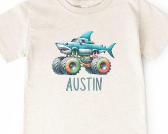Personalized Shark Monster Truck Toddler Tee, Kids Monster Truck Shirt, Toddler Boy Monster Truck Tee, Shark Shirt, Personalized Tee
