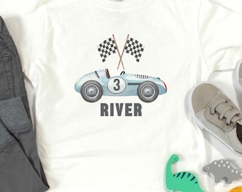 Personalized Race Car Toddler T-Shirt, Race Car Birthday Tee for Kids, Retro Race Car Shirt, Two Fast Birthday Tee, Need Four Speed Shirt