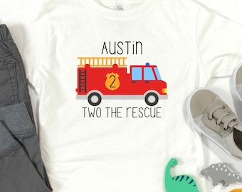 Camiseta de cumpleaños personalizada de camión de bomberos: Two The Rescue, camiseta de segundo cumpleaños para niños pequeños, camiseta de camión de bomberos para niños, regalo para el segundo cumpleaños de niños
