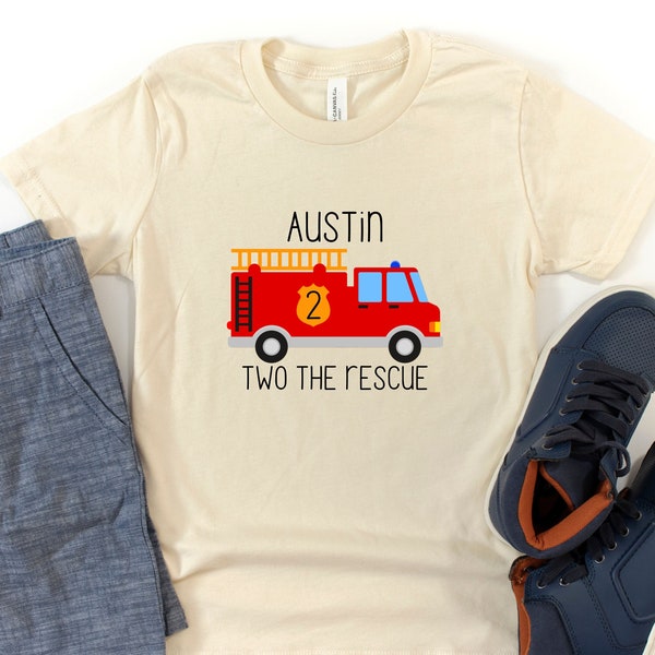 Toddler Fire Truck Birthday T-Shirt: Two The Rescue, Toddler Second Birthday Tee, Kids Fire Truck T Shirt, Gift For Boys Second Birthday