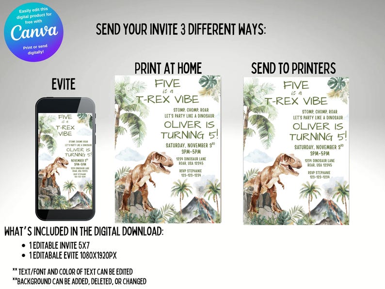 Pode incluir: Design de convite digital com tema de dinossauro. O design inclui o texto "Five is a T-Rex Vibe" e detalhes da festa. O convite &eacute; exibido em um telefone, impresso e pronto para enviar para as gr&aacute;ficas.