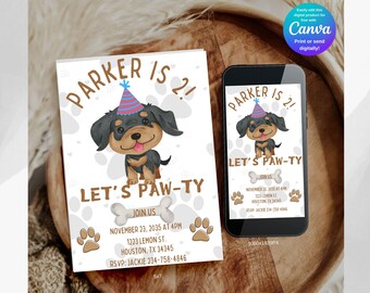 May include: A white and gray birthday invitation with a cartoon dachshund wearing a party hat. The invitation says "Parker is 2! Let's Paw-ty" and includes details for the party, including the date, time, address, and RSVP information.