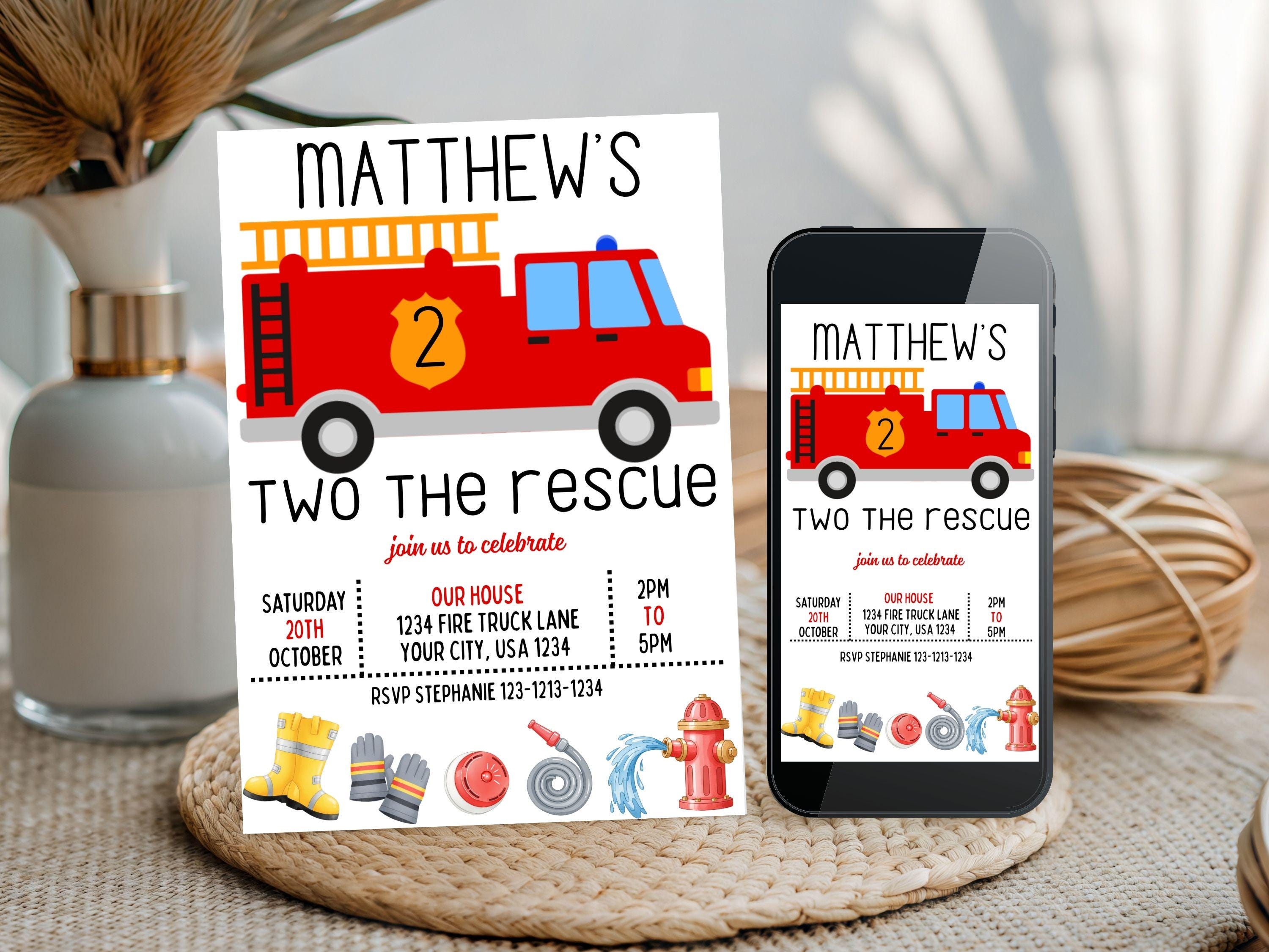 Fire Rescue Invitations Editable Two the Rescue Fire Truck Birthday Invitation, Digital ...