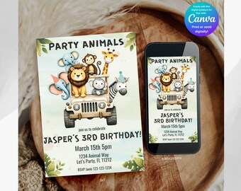 May include: A digital invitation for a 3rd birthday party with a jungle animal theme. The invitation features a cartoon jeep with a lion, zebra, giraffe, monkey, and elephant. The text on the invitation reads "Party Animals" and "Jasper's 3rd Birthday!"
