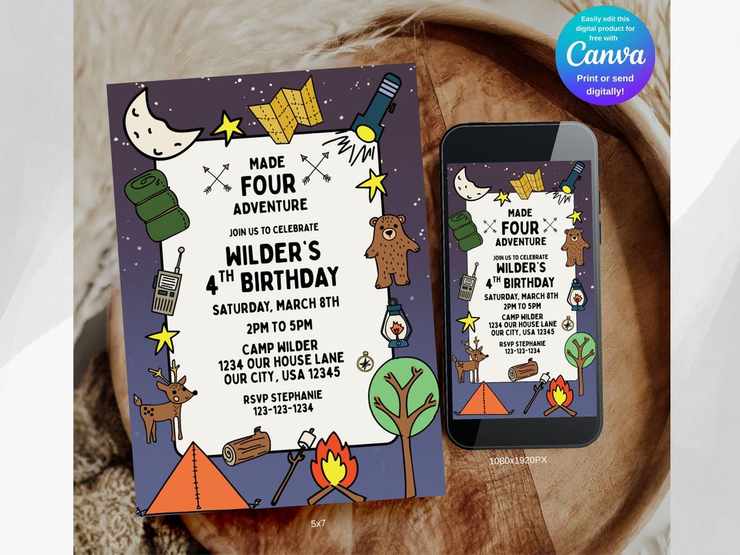 Editable Made FOUR Adventure Camping Birthday Invitation, 4th Birthday ...